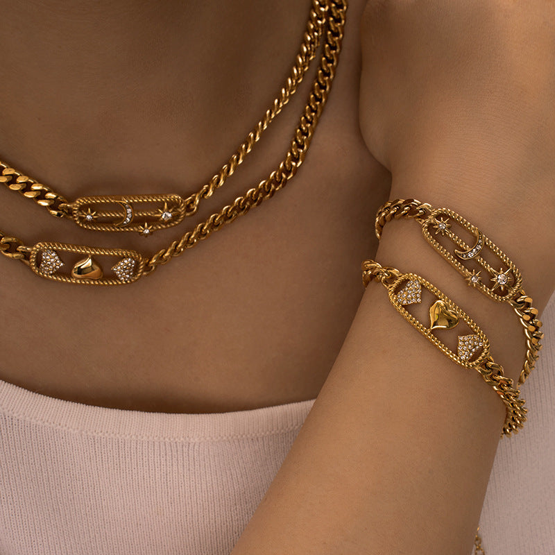 Moon Paperclip Cuban Link Bracelet