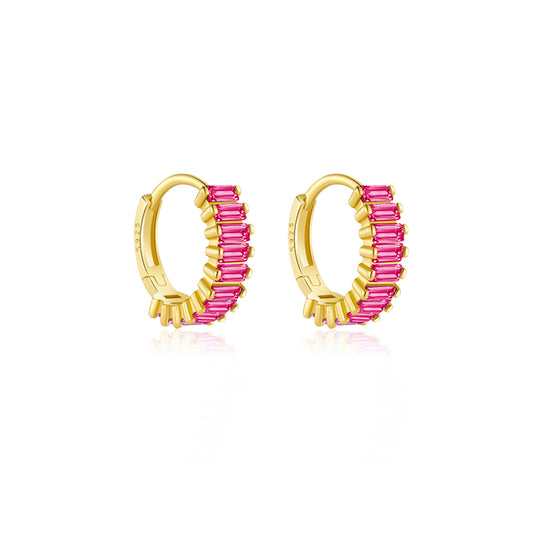 Baguette Hot Pink CZ Huggie Earrings