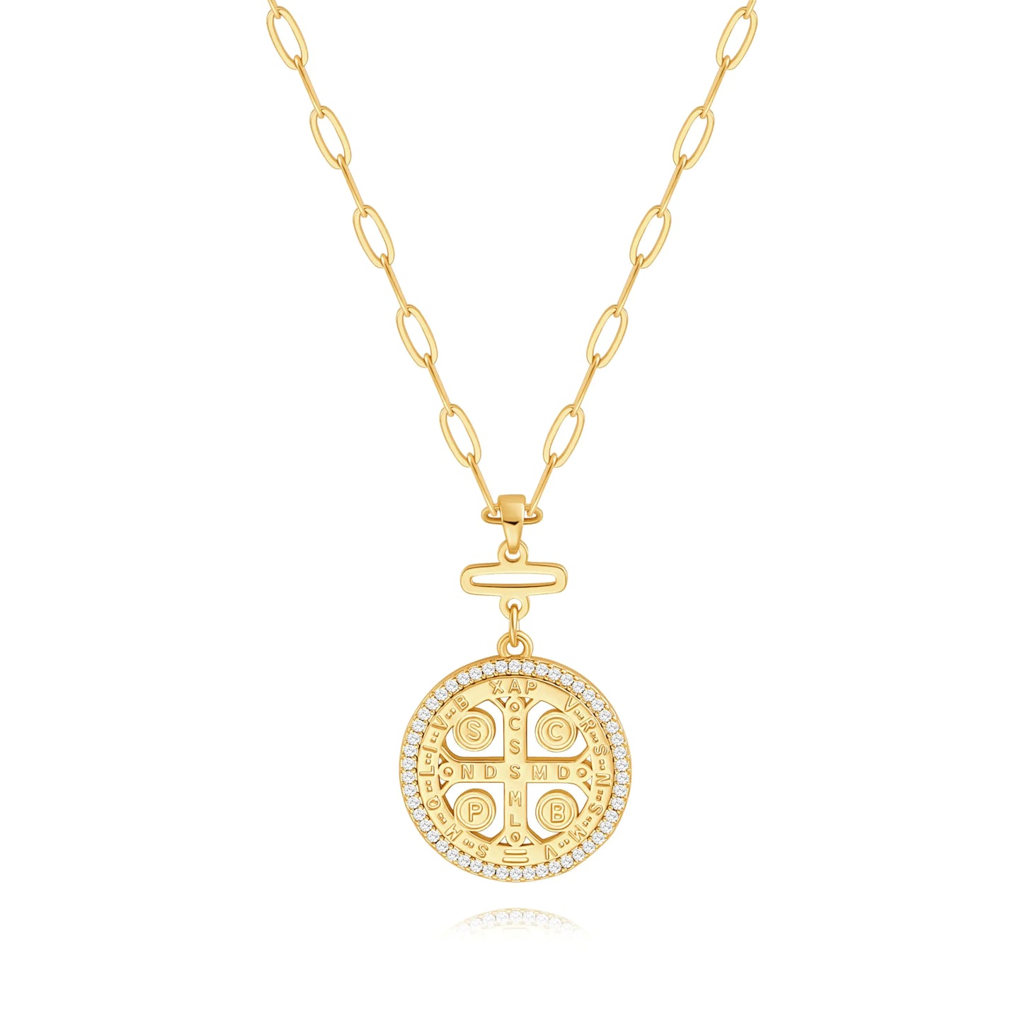 POTESSA 18K Gold Plated Necklace St Benedict Medal Neck Chain Dainty Zircon Necklace for Women