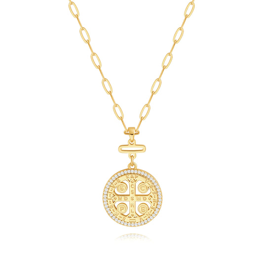 POTESSA 18K Gold Plated Necklace St Benedict Medal Neck Chain Dainty Zircon Necklace for Women