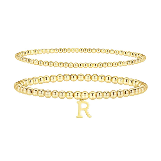 Initial Gold Beaded Bracelet Set
