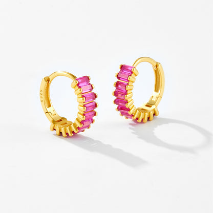 Baguette Hot Pink CZ Huggie Earrings
