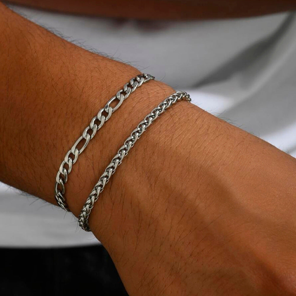European And American Men's Stainless Steel Hemp Flowers Chain Two-piece Bracelet