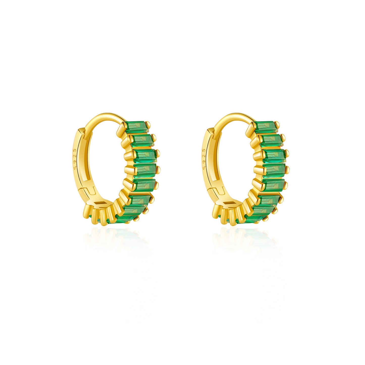 Baguette Green CZ Huggie Earrings